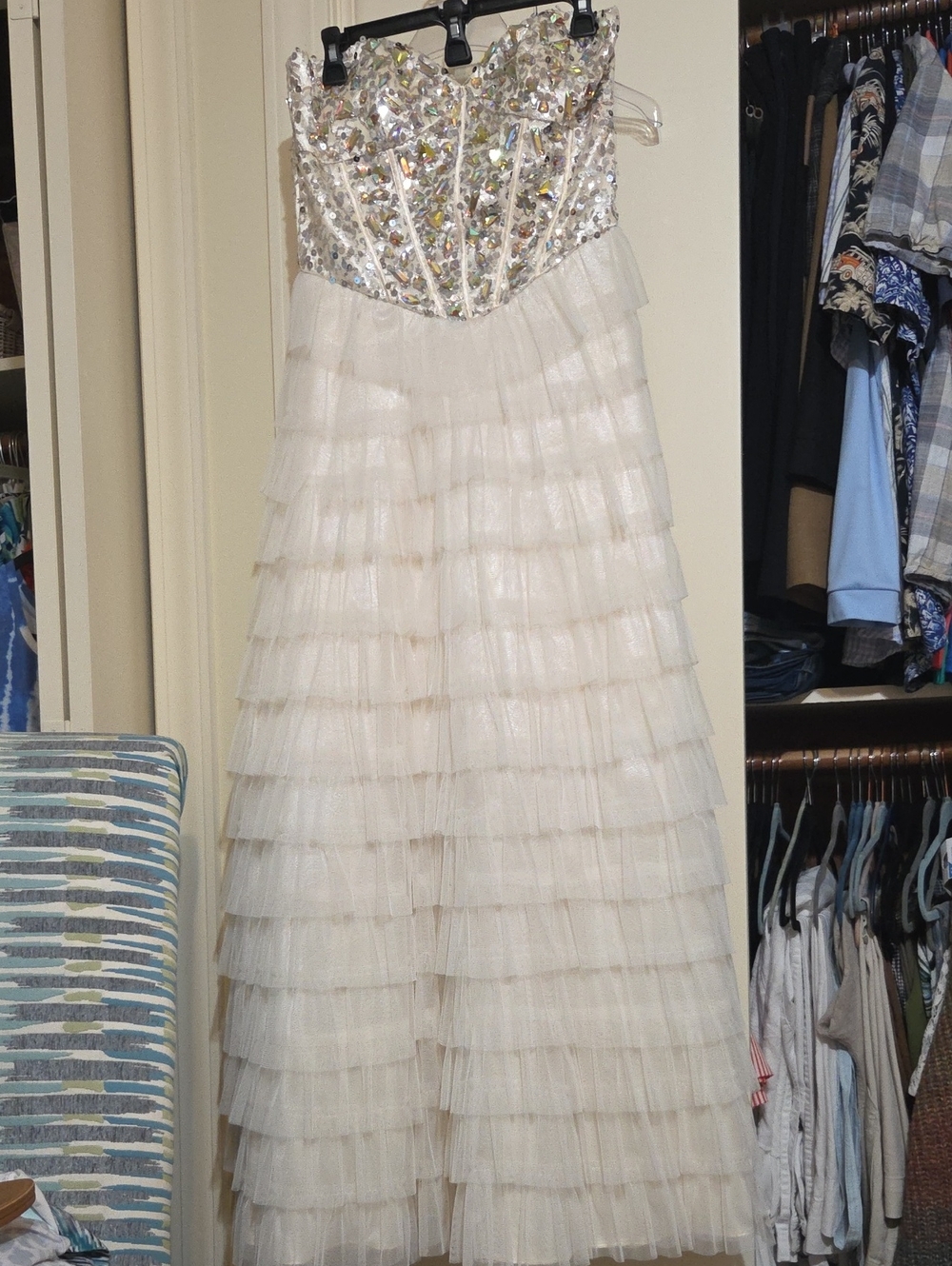 Steppin' Out Ivory Tulle Tiered Prom Dress with Silver/Gold Jeweled Bodice